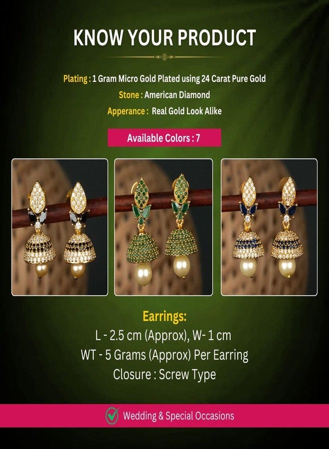 Sasitrends Metal Gold Plated and American Diamond Green Jhumki Earrings for Women and Girls - Image 2