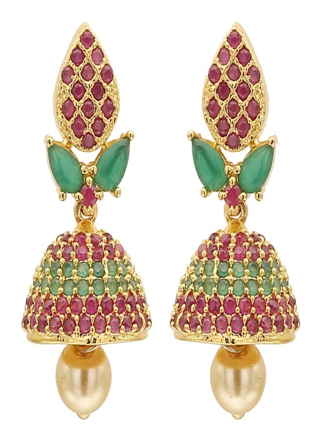 Sasitrends Metal Gold Plated and American Diamond Green Jhumki Earrings for Women and Girls - Image 1