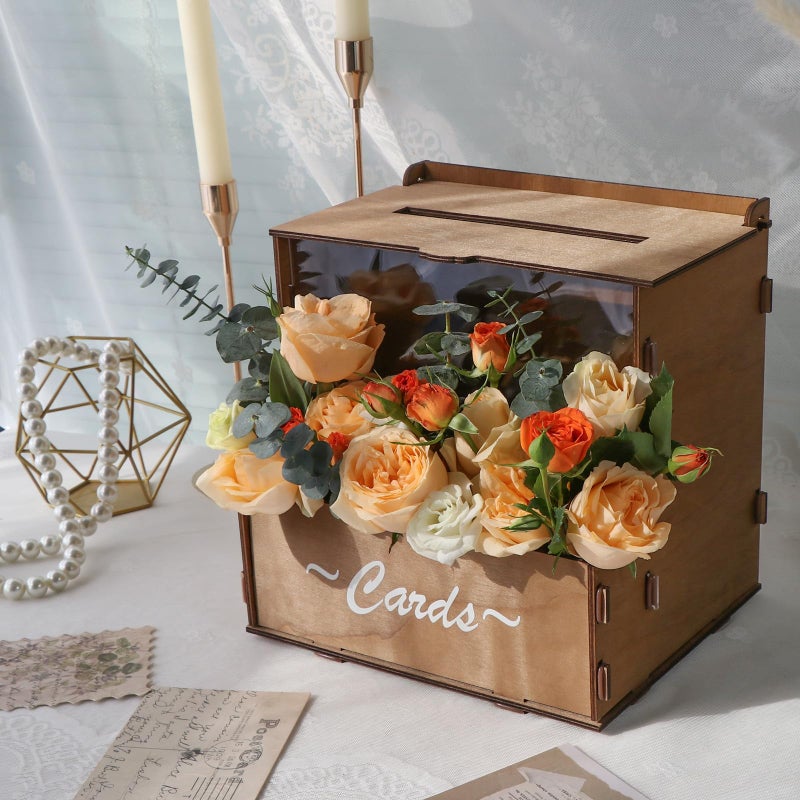 OurWarm Brown Wedding Card Box with Flower Trough & Acrylic Board, Wooden Wedding Card Boxes for Reception, Money Gift Box for Honeymoon, Graduation, Baby Showers, Birthday Party Decorations - Image 1