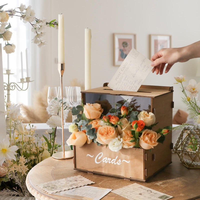 OurWarm Brown Wedding Card Box with Flower Trough & Acrylic Board, Wooden Wedding Card Boxes for Reception, Money Gift Box for Honeymoon, Graduation, Baby Showers, Birthday Party Decorations - Image 5