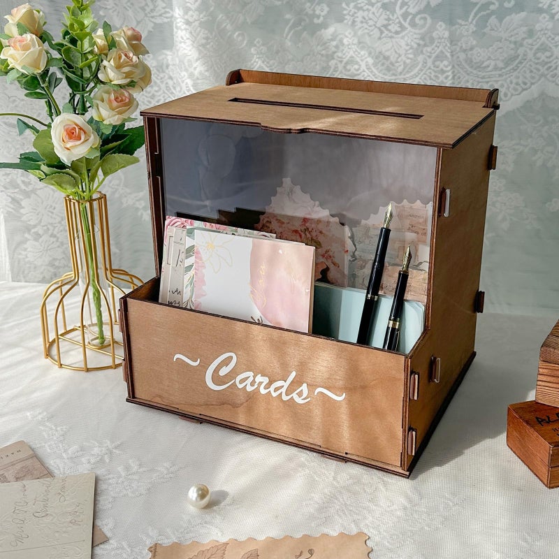 OurWarm Brown Wedding Card Box with Flower Trough & Acrylic Board, Wooden Wedding Card Boxes for Reception, Money Gift Box for Honeymoon, Graduation, Baby Showers, Birthday Party Decorations - Image 2