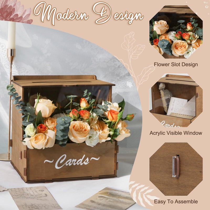 OurWarm Brown Wedding Card Box with Flower Trough & Acrylic Board, Wooden Wedding Card Boxes for Reception, Money Gift Box for Honeymoon, Graduation, Baby Showers, Birthday Party Decorations - Image 4