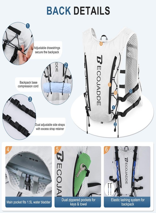 BECOJADDE Running Vest Hydration Backpack with One 1.5L Water Bag for Men Women, 5L Lightweight Running Backpack Hydration for Marathon, Trail, Cycling, Hiking, Jogging White - Image 3