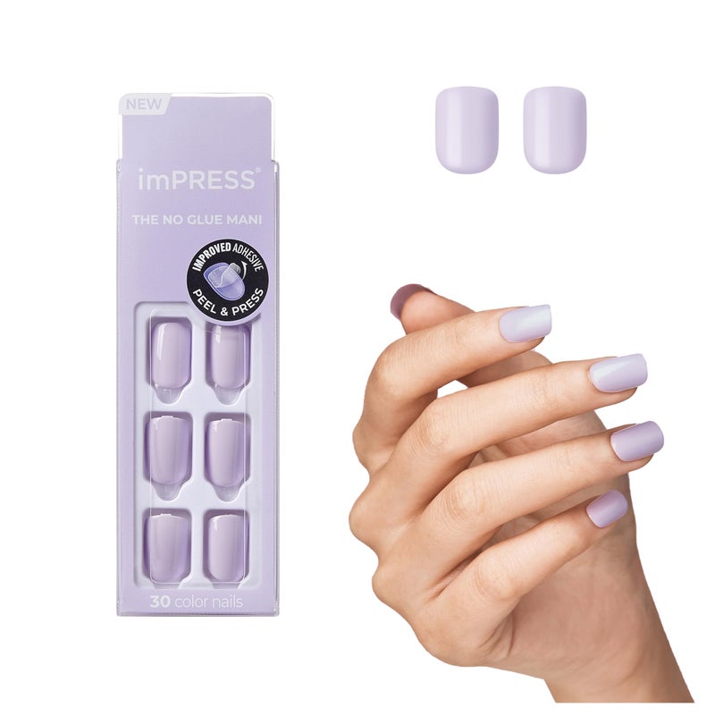 Impress KISS imPRESS Color Press-On Manicure, Gel Nail Kit, PureFit Technology, Short Length, â€œPicture Purplectâ€, Polish-Free Solid Color Mani, Includes Prep Pad, Mini File, Cuticle Stick, and 30 Fake Nails - Image 1