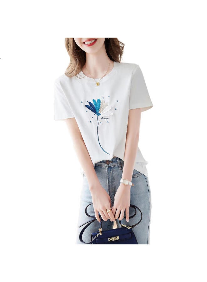 dme Cotton Plant Embroidery Women'S T-Shirt Summer Commuter Round Neck Casual Short Sleeve T-Shirt Women - Image 1