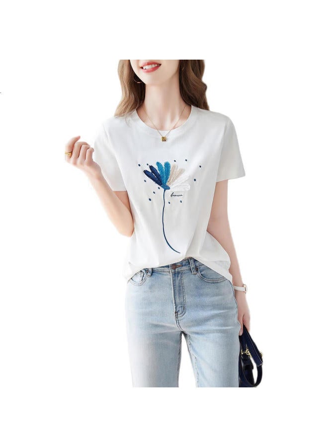 dme Cotton Plant Embroidery Women'S T-Shirt Summer Commuter Round Neck Casual Short Sleeve T-Shirt Women - Image 2