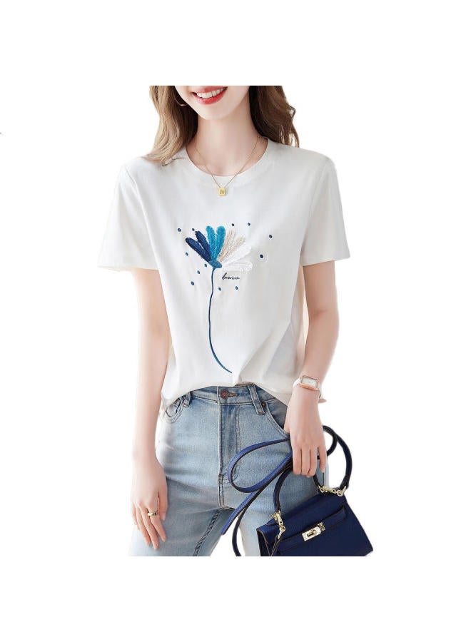 dme Cotton Plant Embroidery Women'S T-Shirt Summer Commuter Round Neck Casual Short Sleeve T-Shirt Women - Image 3