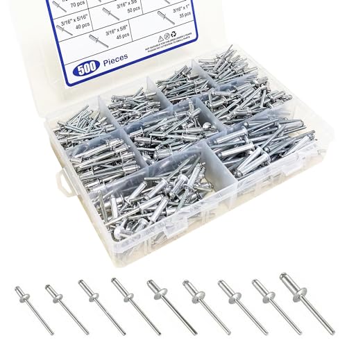 Maozaa 500 PCS Aluminum Blind Rivets, 9 Sizes Pop Rivets Assortment Kit (1/8"x1/4", 5/16", 3/8", 1/2"; 3/16"x5/16", 3/8", 1/2", 5/8", 1"), Blind Rivet (Silver) - Image 1