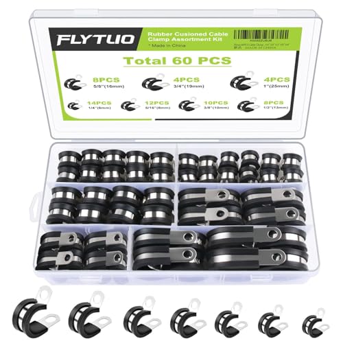 Flytuo 60PCS Cable Clamps Assortment Kit, Flytuo 304 Stainless Steel Rubber Cushion Pipe Clamps in 7 Sizes 1/4" 5/16" 3/8" 1/2" 5/8" 3/4" 1" - Image 1