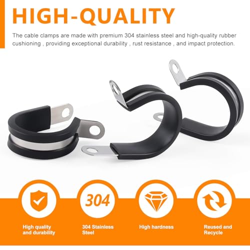 Flytuo 60PCS Cable Clamps Assortment Kit, Flytuo 304 Stainless Steel Rubber Cushion Pipe Clamps in 7 Sizes 1/4" 5/16" 3/8" 1/2" 5/8" 3/4" 1" - Image 3