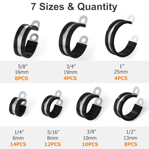 Flytuo 60PCS Cable Clamps Assortment Kit, Flytuo 304 Stainless Steel Rubber Cushion Pipe Clamps in 7 Sizes 1/4" 5/16" 3/8" 1/2" 5/8" 3/4" 1" - Image 2