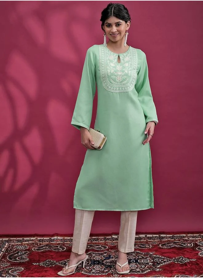 Vishudh Green Embroidered Keyhole Neck Kurta Set for Women by Styli