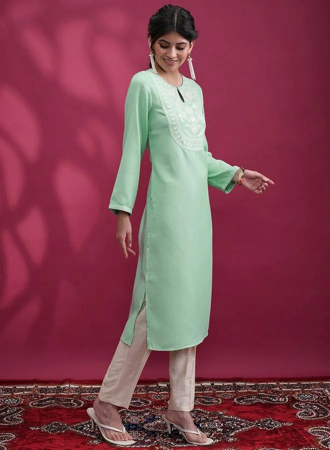 Vishudh Green Embroidered Keyhole Neck Kurta Set for Women by Styli