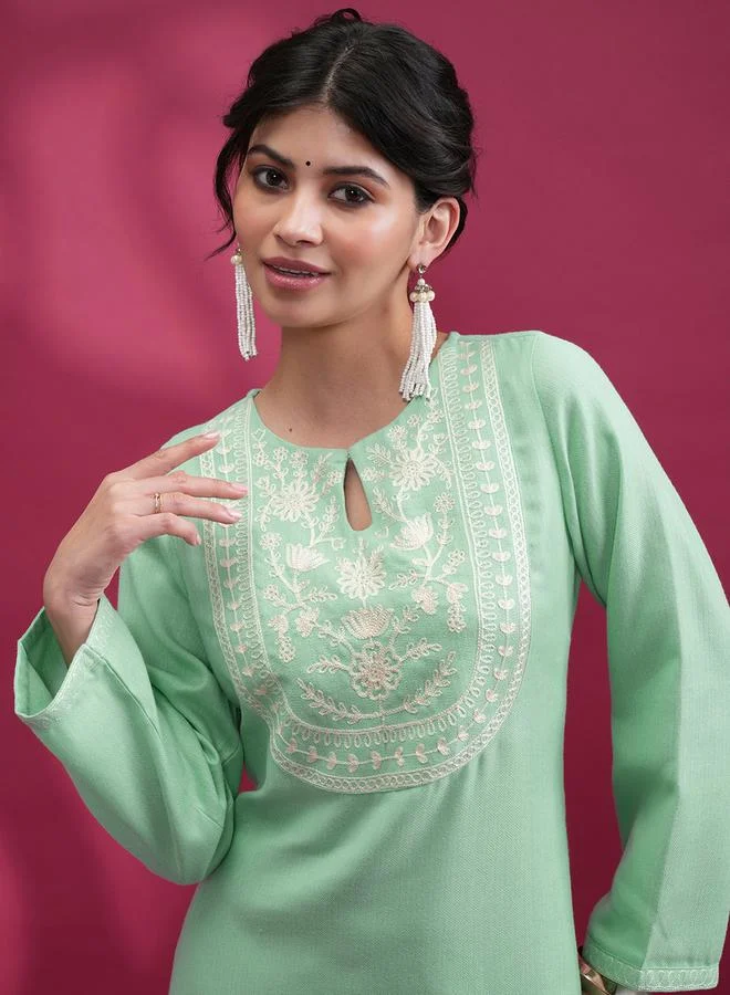 Vishudh Green Embroidered Keyhole Neck Kurta Set for Women by Styli