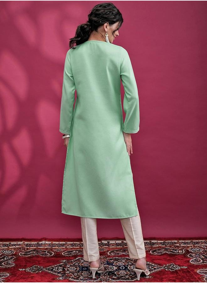 Vishudh Green Embroidered Keyhole Neck Kurta Set for Women by Styli  - Image 3
