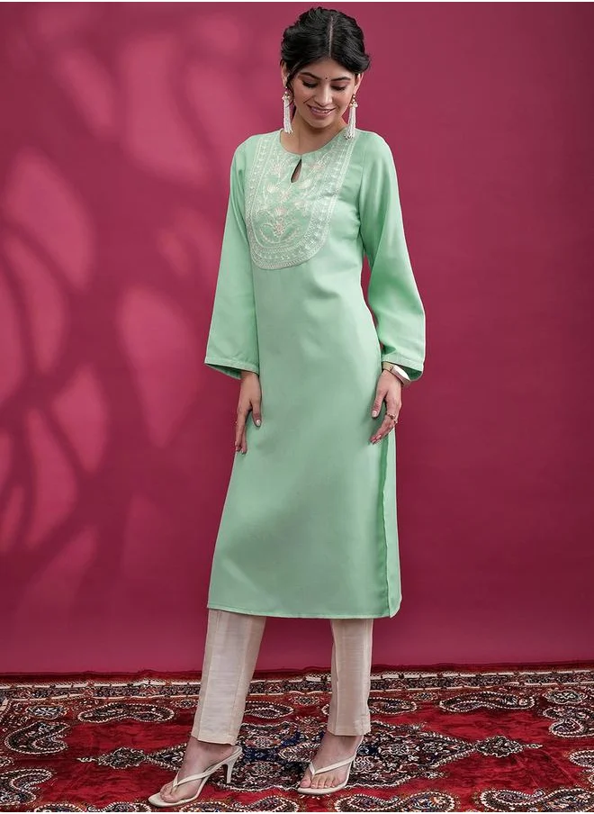 Vishudh Green Embroidered Keyhole Neck Kurta Set for Women by Styli