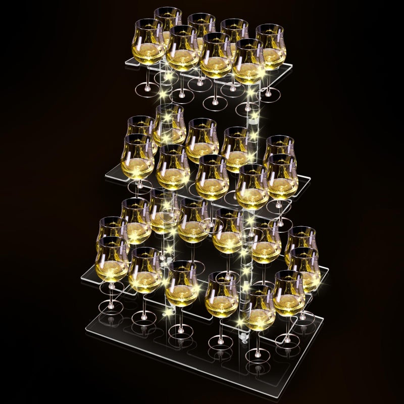 Cutora Champagne Tower with Led Light for Party, 3 Tier Clear Champagne Flute Wall Holder with 32 Slots Glasses Display Stand Stemware Rack Acrylic Tree Stand for Wedding Party 25.6â€ x 19.6â€ x 11.8â€ - Image 1