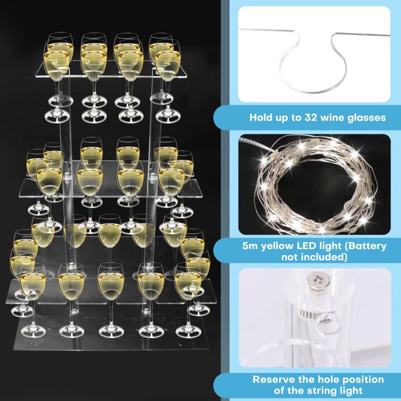 Cutora Champagne Tower with Led Light for Party, 3 Tier Clear Champagne Flute Wall Holder with 32 Slots Glasses Display Stand Stemware Rack Acrylic Tree Stand for Wedding Party 25.6â€ x 19.6â€ x 11.8â€ - Image 3