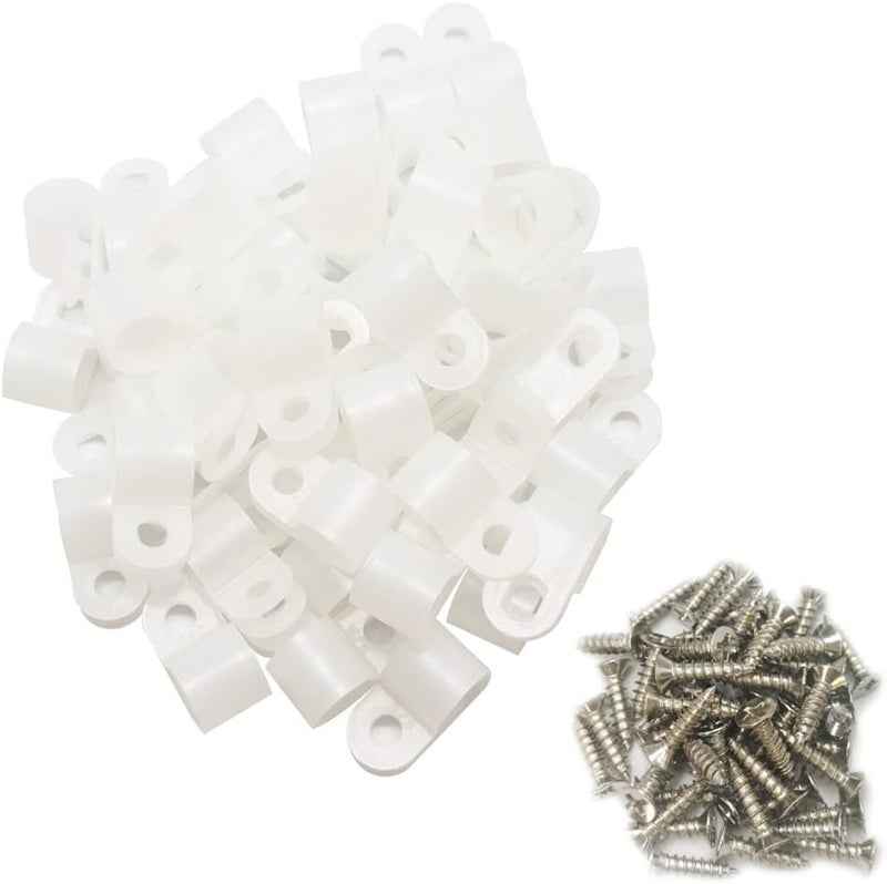 Alamic Cable Clamp R-Type Cable Clip Wire Clamp 3/8" Nylon Screw Mounting Cord Fastener Clips with Screws for Wire Management - White - 50 Pcs - Image 1