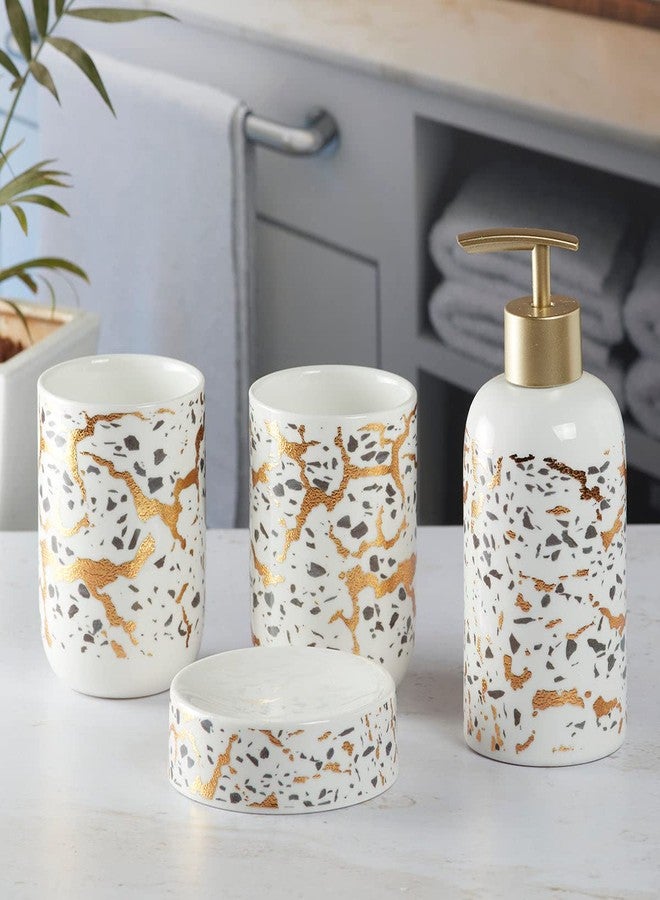 Kookee Ceramic Bathroom Set – Stylish 4 Piece Bath Accessories Kit with Soap Dispenser, Toothbrush Holder, Tumbler & Soap Dish – Modern & Designer Decor for Home & Guest Bathrooms, White/Gold (9740) - Image 4