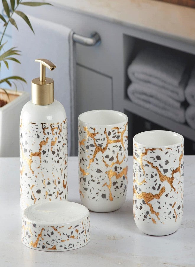 Kookee Ceramic Bathroom Set – Stylish 4 Piece Bath Accessories Kit with Soap Dispenser, Toothbrush Holder, Tumbler & Soap Dish – Modern & Designer Decor for Home & Guest Bathrooms, White/Gold (9740) - Image 1