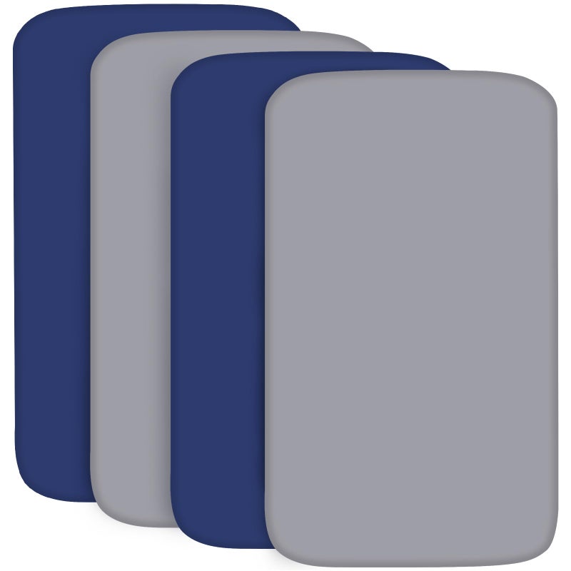 Biloban 4-Pack Fitted Pack and Play Sheets for Boys and Girls - Breathable, Soft Microfiber Baby Sheets in Grey and Navy - Image 1