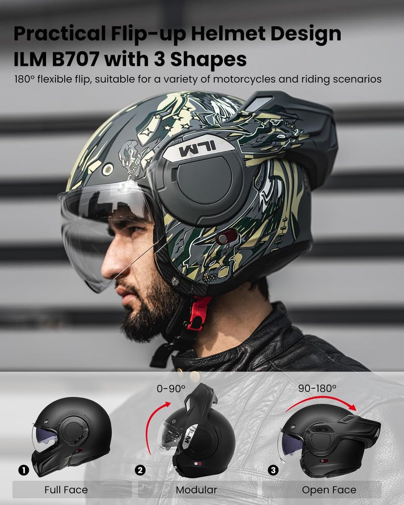 ILM Vintage Full Face Modular Motorcycle Helmet for Adults Men ATV UTV with 180° Reversible Chin Guard DOT Model-B707(Army Green, L) - Image 3