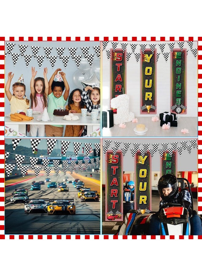 Oudain Racing Car Party Decorations 3 Racing Fans Banners 32. 8 ft Black and White Checkered Pennant Flag Banner, Hanging Race Car Birthday Party Decor for Indoor Outdoor School Game Supplies - Image 5