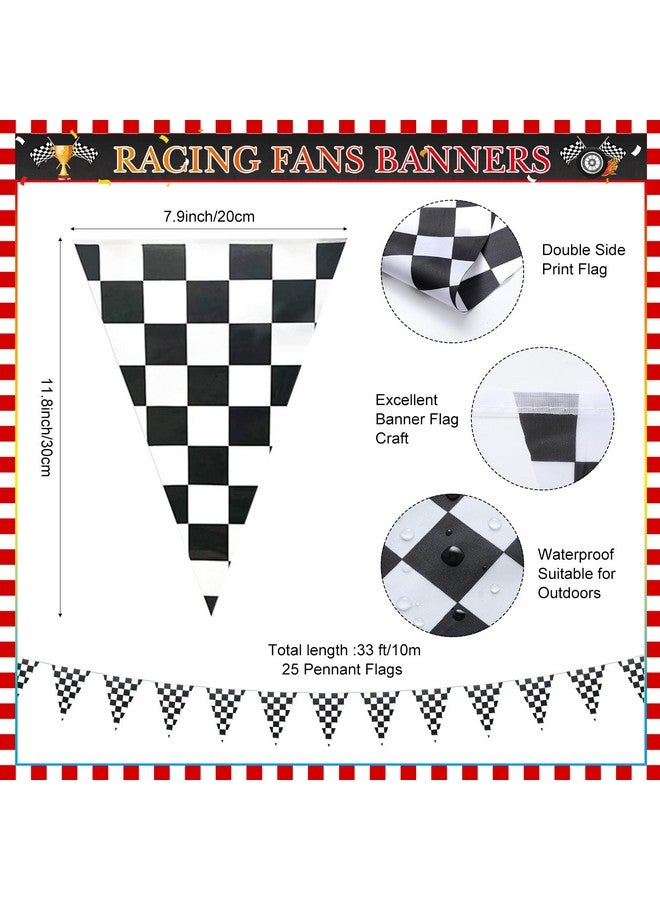 Oudain Racing Car Party Decorations 3 Racing Fans Banners 32. 8 ft Black and White Checkered Pennant Flag Banner, Hanging Race Car Birthday Party Decor for Indoor Outdoor School Game Supplies - Image 3