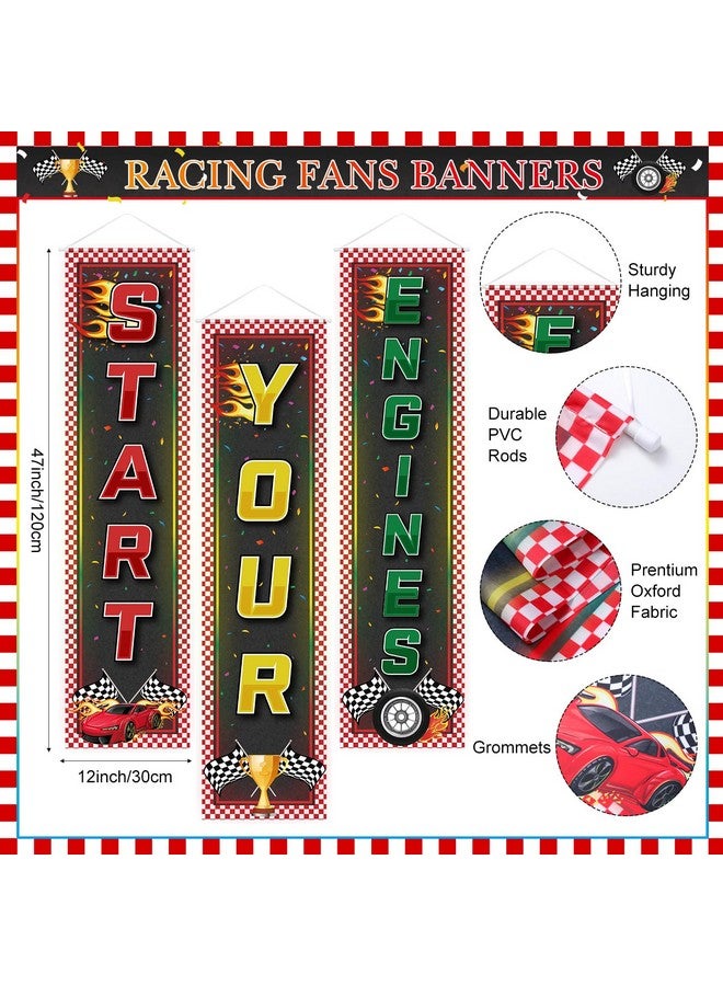 Oudain Racing Car Party Decorations 3 Racing Fans Banners 32. 8 ft Black and White Checkered Pennant Flag Banner, Hanging Race Car Birthday Party Decor for Indoor Outdoor School Game Supplies - Image 2