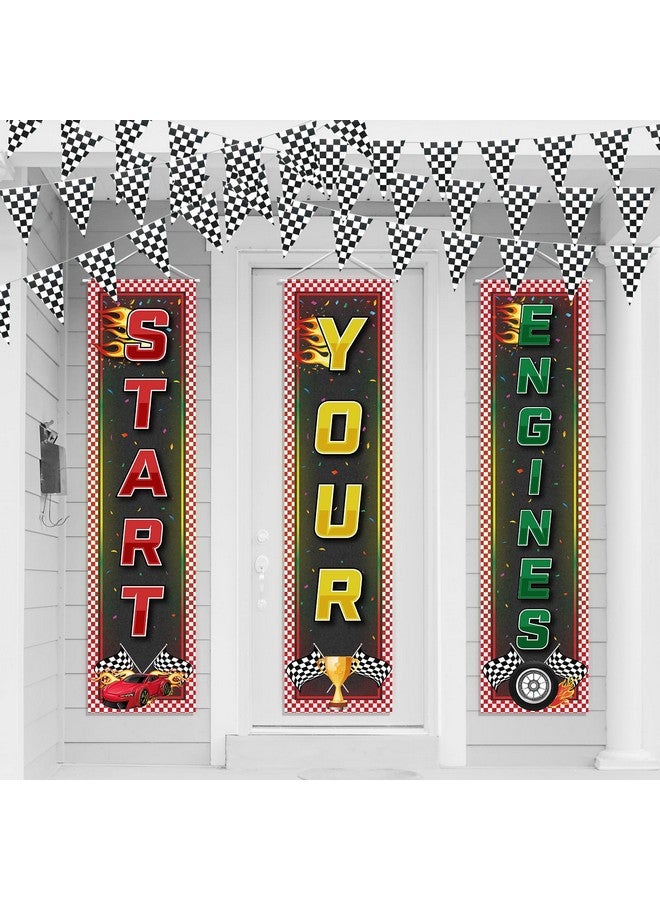 Oudain Racing Car Party Decorations 3 Racing Fans Banners 32. 8 ft Black and White Checkered Pennant Flag Banner, Hanging Race Car Birthday Party Decor for Indoor Outdoor School Game Supplies - Image 1