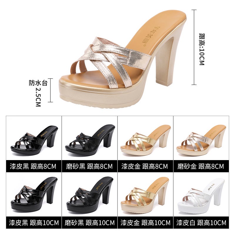 High Heel Thick Heel Sandals And Slippers Women'S Thick Bottom Platform Fashionable All-Match Gold Size Patent Leather High Heel Sandals - Image 5