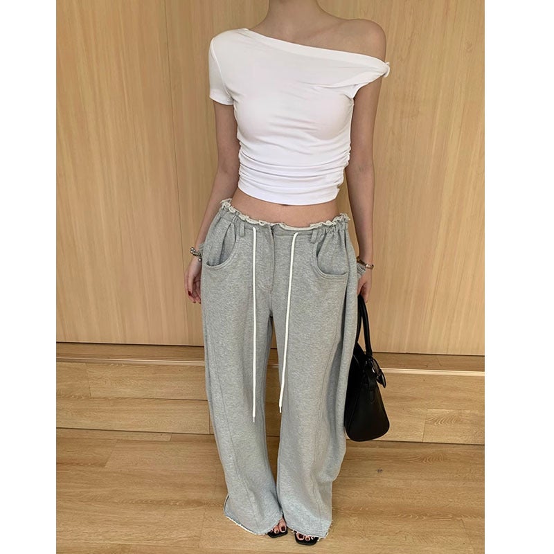 Grey Drawstring Sweatpants American-style Dosing Loose Wide-leg Pants Casual Straight Pants T-shirt Two-piece Set for Women 2025 Summer White suit