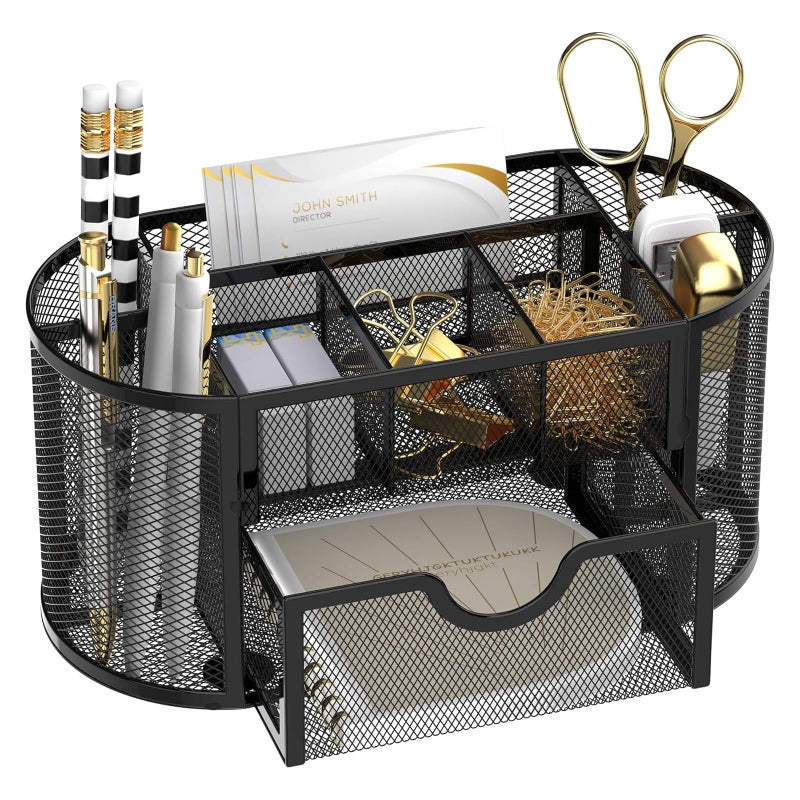 SUPEASY Mesh Desk Organizer, Desk Accessories & Workspace Organizers with Drawers, Pencil Holder for Desk with 9 Compartments for Office Supplies, 8.6 x 4.3 x 4.1 Inch, Black - Image 1