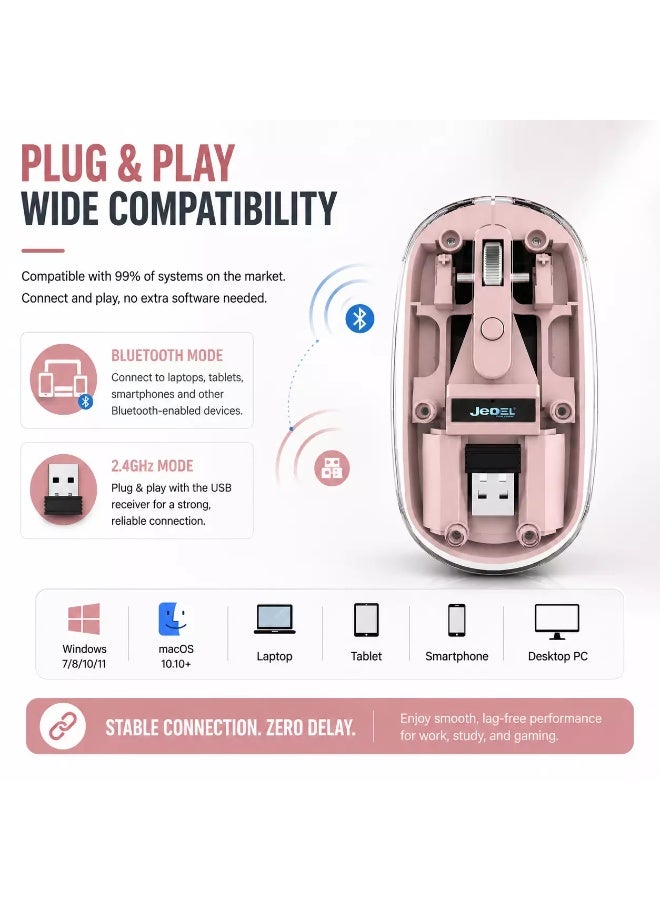 جي ديل ماوس لاسلكي قابل لإعادة الشحن بتقنية البلوتوث WD131P - نقرات صامتة، دقة قابلة للتعديل تصل إلى 1600 نقطة في البوصة، إضاءة RGB وعمر بطارية يصل إلى 180 ساعة (وردي) - Image 3