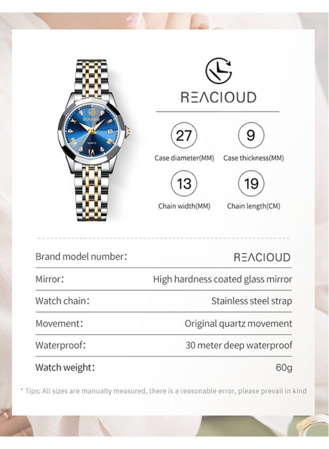 REACLOUD ساعات نسائية أنيقة من الفولاذ المقاوم للصدأ مقاومة للماء ساعة كوارتز تناظرية - Image 4