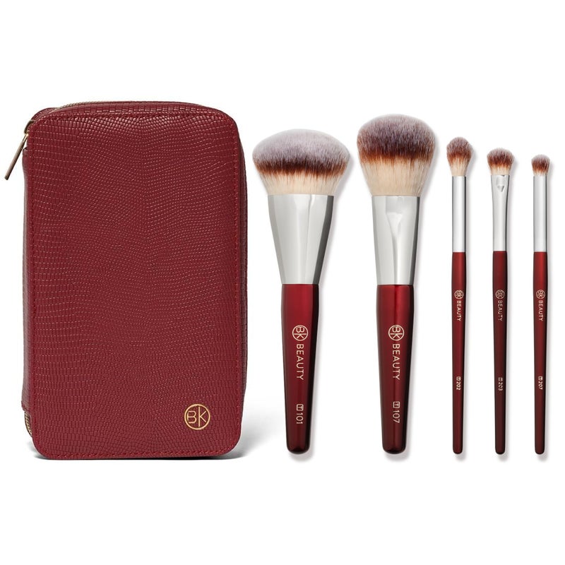 BK BEAUTY Travel Brush Set with Pouch 5Piece Vegan CrueltyFree Brushes for Face  Eyes  Lightweight Durable Makeup Brushes in Vegan Leather Pouch Perfect TravelSize Makeup Brush Set