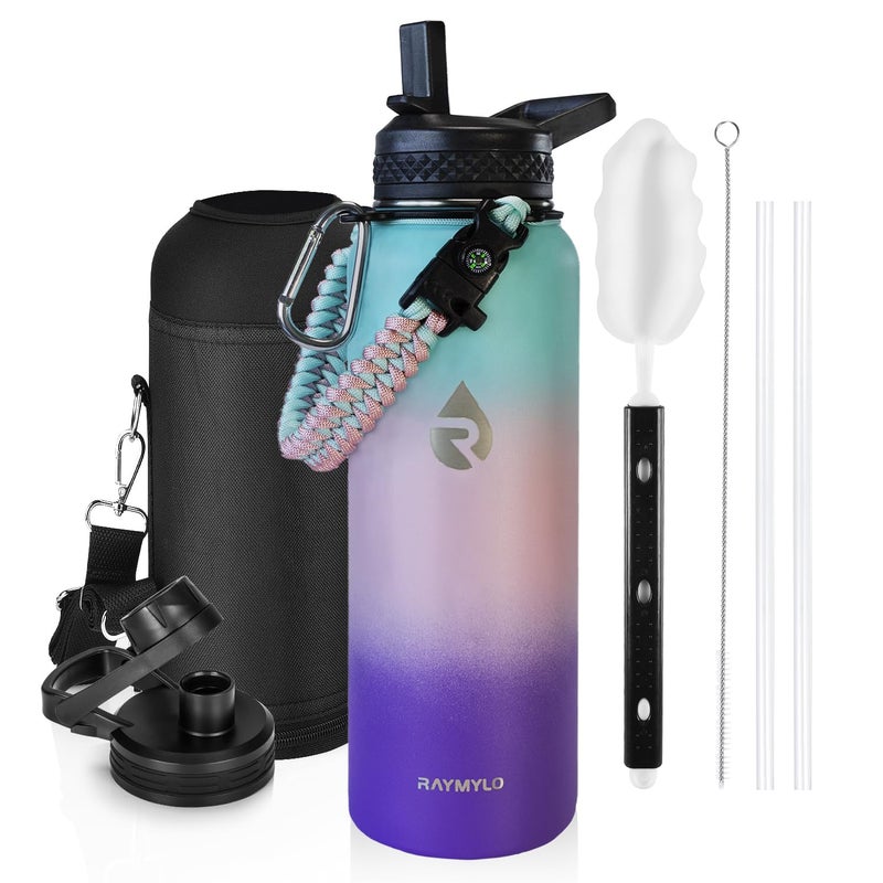 RAYMYLO RAYMYLO Insulated Water Bottle 40 oz  Triple Wall Vacuum Stainless Steel (Cold for 48 Hrs)  Leak Proof & BPA-Free  Modern Water Flask Jug with Paracord Handle & Straw Spout Lids  Hydrangea 