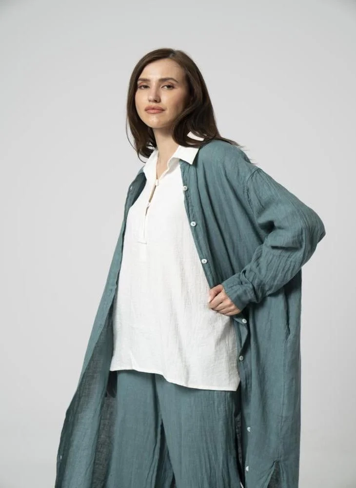 Aila Fashion Turquoise linen cardigan with pants 107