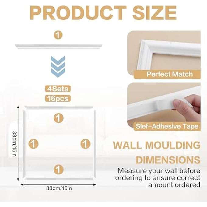 PEEL AND STICK WALL MOLDING KIT 4 SETS SELF-ADHESIVE WALL MOLDING TRIM READY-TO-ASSEMBLE WAINSCOTING PANELS TO DECORATE DOOR FRAMES - Image 3