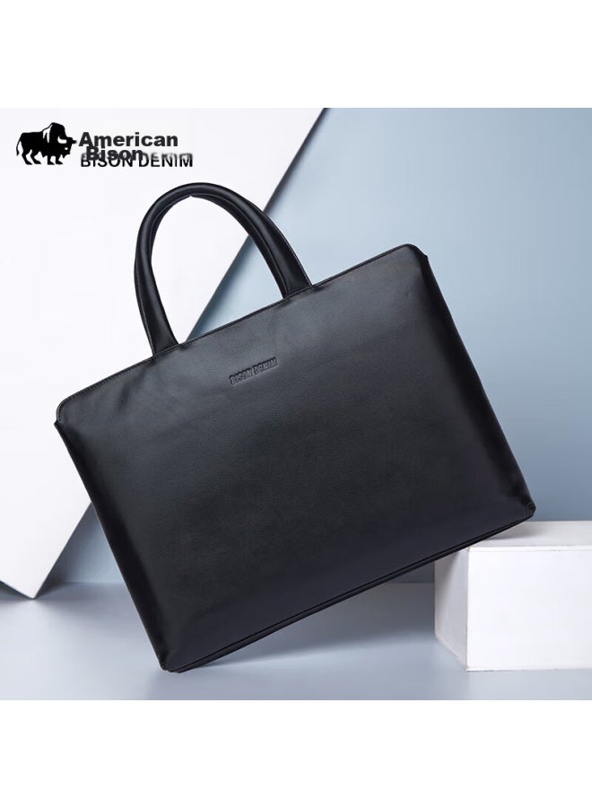 American Bison Men's Briefcase, Horizontal Style, Business Handbag, Top-grain Leather, 15-inch Laptop Bag, Men's Gift - Image 1