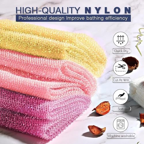 UJFQBH 3 Piece Bright Style African exfoliating net Exfoliating Shower Set Long Bath Sponges for Smooth, Refreshed Skin, The Exterior Gleams - Ideal for Daily Use (Bright Yellow, Pink, Purple) - Image 4