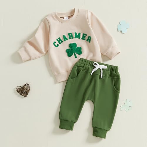 Amnnchya Toddler Baby Boy St Patricks Day Outfit Charmer Shamrock Sweatshirt Pants Fall Winter Spring Clothes Set (Khaki, 6-12 Months) - Image 3