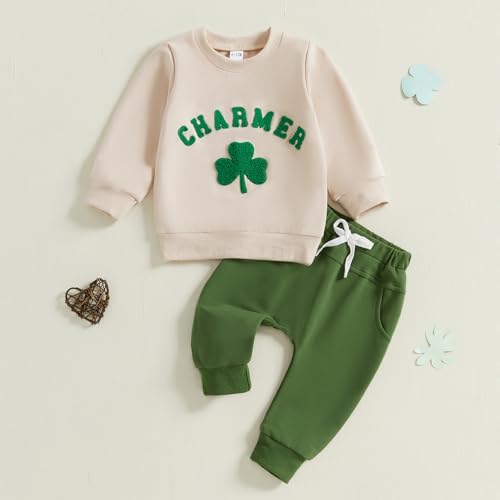 Amnnchya Toddler Baby Boy St Patricks Day Outfit Charmer Shamrock Sweatshirt Pants Fall Winter Spring Clothes Set (Khaki, 6-12 Months) - Image 2