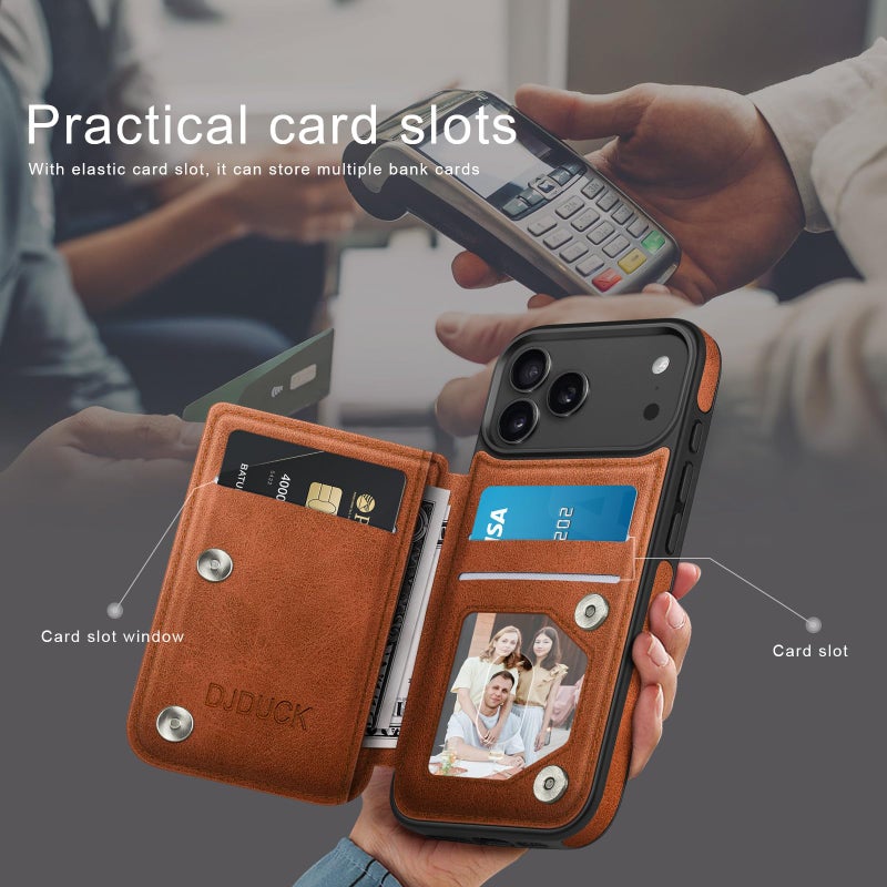 DJDUCK Designed for iPhone 17 Pro Case Wallet with Card Holder, [Magnetic Clasp Cover] [RFID Blocking Leather Protection] Shockproof Women Men Cases 6.3 Inch for Apple 17 Pro Light Brown - Image 3