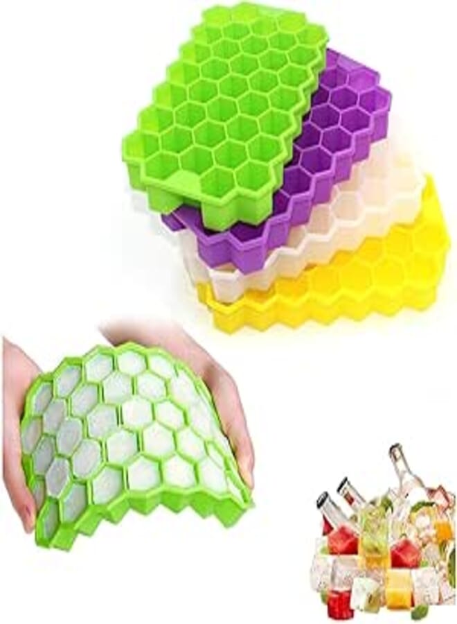 Brezzycloud 4 Pieces Flexible Silicone Honeycomb Shape Ice Cube Tray - 37 Grids Cavity Mold for Cocktail, Whiskey, Coffee, Fruit Juice, Soft Drink (Set of 4, Multi Color)