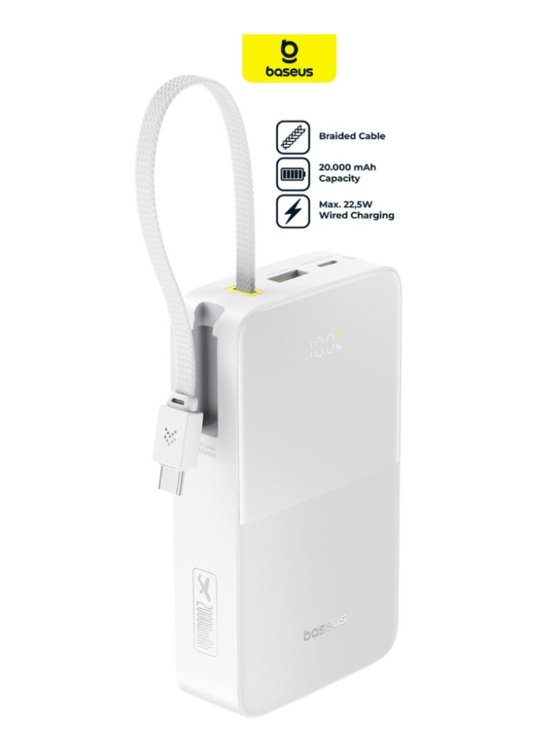 بيسوس بنك طاقة USB-C بسعة 20000 مللي أمبير 22.5 واط PD شحن سريع و QC 3.0 – كابل نوع-C مضفر مدمج، شاشة رقمية LED، شاحن محمول عالي السرعة، معتمد من شركات الطيران، حزمة بطارية سفر مدمجة لجهاز iPhone Air، iPhone 17/17 Pro/17 Pro Max، iPhone 16/15/14/13، Samsung Galaxy S25/S24/S23، iPad Air/Pro، Google Pixel، OnePlus و Android – أبيض قمرى - Image 1