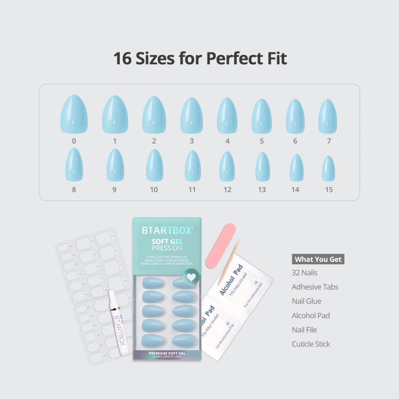 BTArtbox Press On Nails Short - Pastel Light Blue Almond Press On Nails with Glue for Women, Opaque Soft Gel Glue On Nails in 16 Sizes - 32 Stick On Nails Kit, Sky Dash - Image 5
