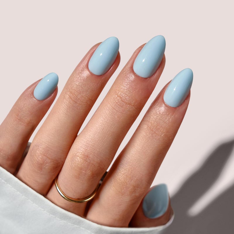 BTArtbox Press On Nails Short - Pastel Light Blue Almond Press On Nails with Glue for Women, Opaque Soft Gel Glue On Nails in 16 Sizes - 32 Stick On Nails Kit, Sky Dash - Image 1