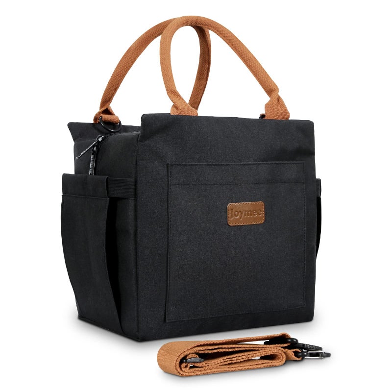 Joymee Lunch Bag Women Insulated Lunch Box with Adjustable Shoulder Strap Large Reusable Leakproof Spacious Cooler Tote for Women Men Adult with Bottle Holder and Side Pockets Black